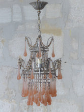 Load image into Gallery viewer, Antique Chandelier Peachy PINK Opaline Drops Beads 1920 MURANO RARE 3 lights