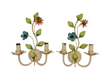 Load image into Gallery viewer, Charming Florentine PAIR Wall Light Enameled Metal Tole Flowers 1970 Italian
