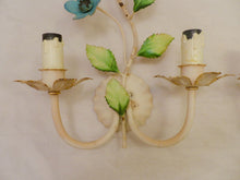 Load image into Gallery viewer, Charming Florentine PAIR Wall Light Enameled Metal Tole Flowers 1970 Italian