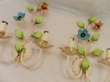 Load image into Gallery viewer, Charming Florentine PAIR Wall Light Enameled Metal Tole Flowers 1970 Italian