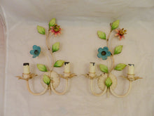 Load image into Gallery viewer, Charming Florentine PAIR Wall Light Enameled Metal Tole Flowers 1970 Italian