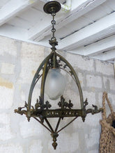 Load image into Gallery viewer, Gorgeous French Sanctuary Bronze Gothic Lantern Chandelier Ceiling Chimera 19TH

