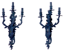 Load image into Gallery viewer, XL Large Antique PAIR French Black Bronze Rococo 1950 Wall Light Sconce Louis XV