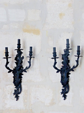 Load image into Gallery viewer, XL Large Antique PAIR French Black Bronze Rococo 1950 Wall Light Sconce Louis XV