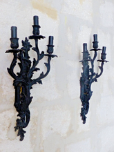 Load image into Gallery viewer, XL Large Antique PAIR French Black Bronze Rococo 1950 Wall Light Sconce Louis XV