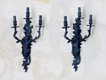 Load image into Gallery viewer, XL Large Antique PAIR French Black Bronze Rococo 1950 Wall Light Sconce Louis XV
