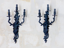 Load image into Gallery viewer, XL Large Antique PAIR French Black Bronze Rococo 1950 Wall Light Sconce Louis XV