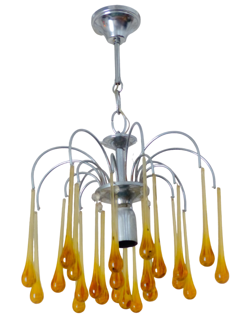 Vintage Waterfall Chandelier Amber Glass Drops 1970 MURANO Chrome Venini Ceiling