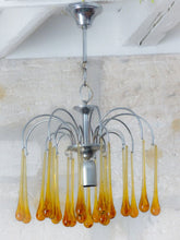 Load image into Gallery viewer, Vintage Waterfall Chandelier Amber Glass Drops 1970 MURANO Chrome Venini Ceiling
