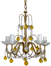 Load image into Gallery viewer, Vintage Chandelier Amber Glass Drops Prisms Beads 1940 Italian Ceiling 5 Lights