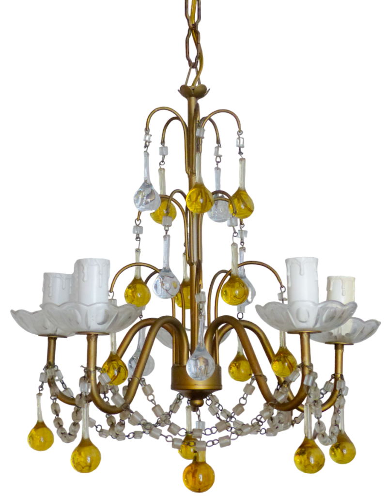 Vintage Chandelier Amber Glass Drops Prisms Beads 1940 Italian Ceiling 5 Lights