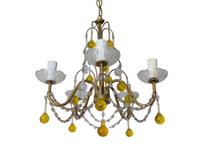 Load image into Gallery viewer, Vintage Chandelier Amber Glass Drops Prisms Beads 1940 Italian Ceiling 5 Lights