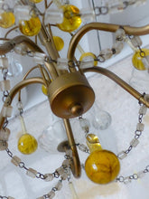 Load image into Gallery viewer, Vintage Chandelier Amber Glass Drops Prisms Beads 1940 Italian Ceiling 5 Lights