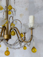 Load image into Gallery viewer, Vintage Chandelier Amber Glass Drops Prisms Beads 1940 Italian Ceiling 5 Lights
