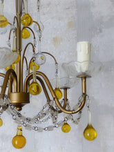 Load image into Gallery viewer, Vintage Chandelier Amber Glass Drops Prisms Beads 1940 Italian Ceiling 5 Lights