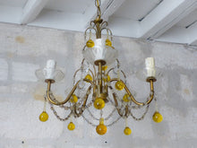 Load image into Gallery viewer, Vintage Chandelier Amber Glass Drops Prisms Beads 1940 Italian Ceiling 5 Lights