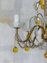 Load image into Gallery viewer, Vintage Chandelier Amber Glass Drops Prisms Beads 1940 Italian Ceiling 5 Lights