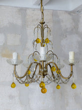 Load image into Gallery viewer, Vintage Chandelier Amber Glass Drops Prisms Beads 1940 Italian Ceiling 5 Lights