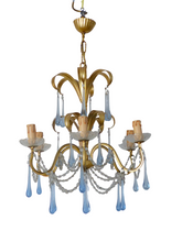 Load image into Gallery viewer, Rare French Hollywood Vintage Brass  Foliage Chandelier Blue Glass Drops 1970