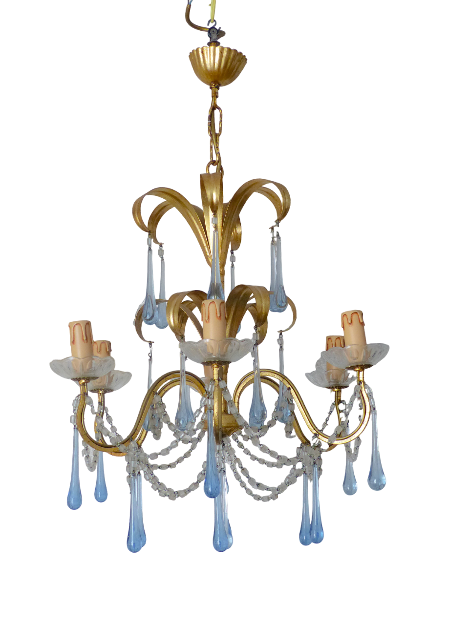 Rare French Hollywood Vintage Brass  Foliage Chandelier Blue Glass Drops 1970