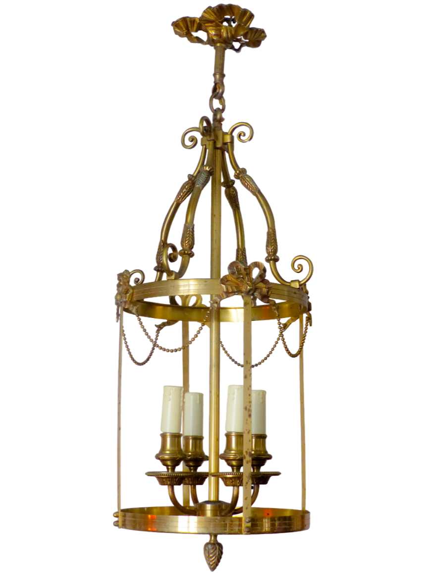 Gorgeous Larg Vintage Hall Lantern Chandelier Gilded Bronze Brass Ceiling Ribbon