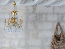 Load image into Gallery viewer, Rare French Hollywood Vintage Brass  Foliage Chandelier Blue Glass Drops 1970
