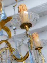 Load image into Gallery viewer, Rare French Hollywood Vintage Brass  Foliage Chandelier Blue Glass Drops 1970