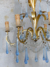 Load image into Gallery viewer, Rare French Hollywood Vintage Brass  Foliage Chandelier Blue Glass Drops 1970