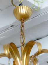 Load image into Gallery viewer, Rare French Hollywood Vintage Brass  Foliage Chandelier Blue Glass Drops 1970