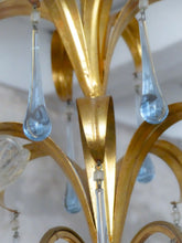 Load image into Gallery viewer, Rare French Hollywood Vintage Brass  Foliage Chandelier Blue Glass Drops 1970