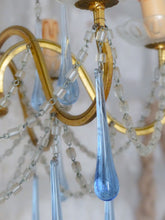 Load image into Gallery viewer, Rare French Hollywood Vintage Brass  Foliage Chandelier Blue Glass Drops 1970
