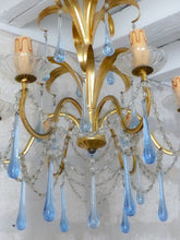 Load image into Gallery viewer, Rare French Hollywood Vintage Brass  Foliage Chandelier Blue Glass Drops 1970