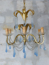 Load image into Gallery viewer, Rare French Hollywood Vintage Brass  Foliage Chandelier Blue Glass Drops 1970