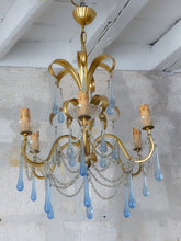 Load image into Gallery viewer, Rare French Hollywood Vintage Brass  Foliage Chandelier Blue Glass Drops 1970