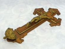 Load image into Gallery viewer, Late 19TH Antique French Religious Crucifix Cross Christ Marquetry wood Brass
