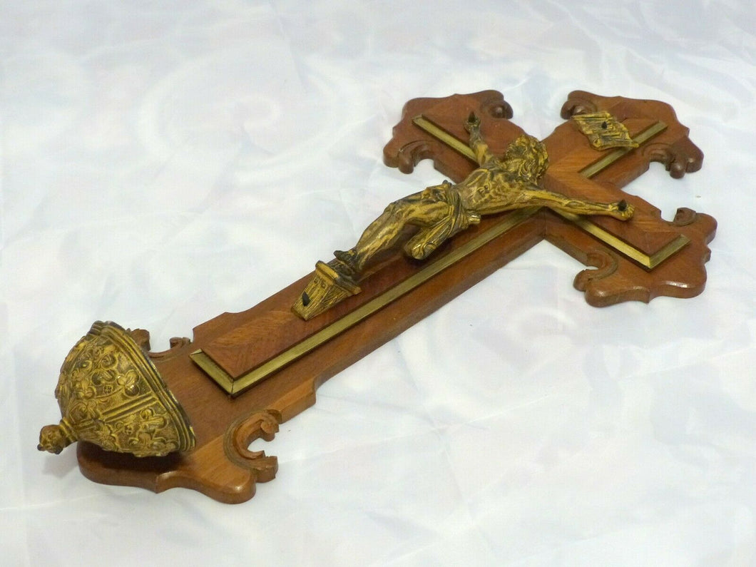 Late 19TH Antique French Religious Crucifix Cross Christ Marquetry wood Brass