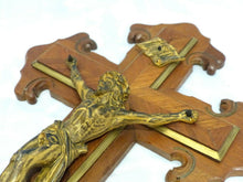 Load image into Gallery viewer, Late 19TH Antique French Religious Crucifix Cross Christ Marquetry wood Brass
