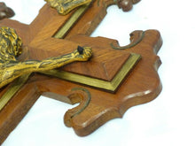 Load image into Gallery viewer, Late 19TH Antique French Religious Crucifix Cross Christ Marquetry wood Brass
