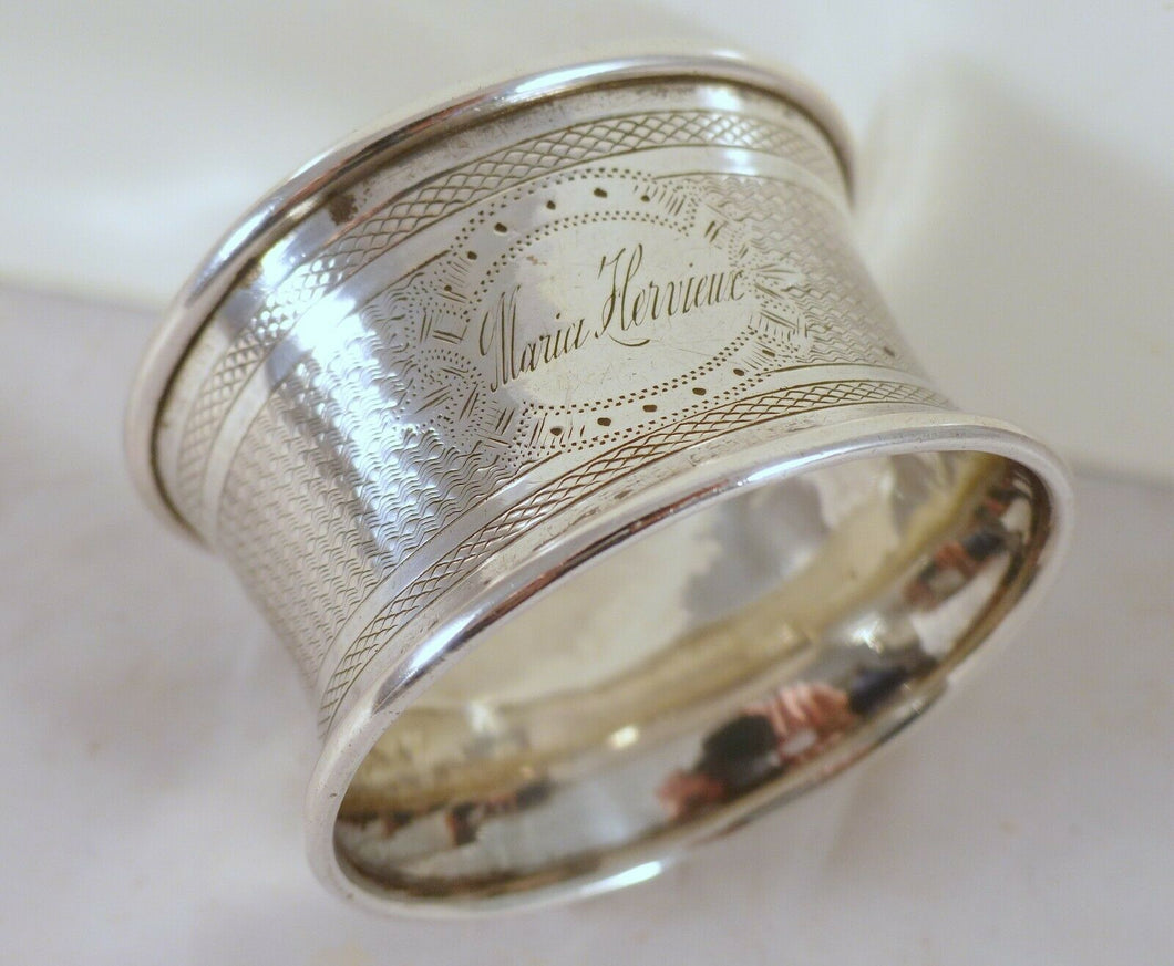 Antique French Sterling Silver Napkin Ring Guilloche Style Cartouche 19th Marie