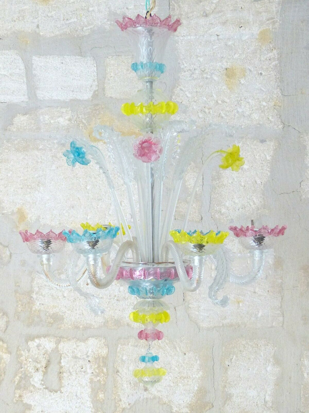 Antique Venitian Murano Chandelier Hand Blown Multicolor 1940 Italian Ceiling