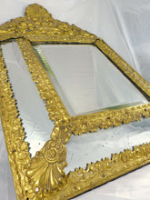 Load image into Gallery viewer, 24&quot; Tall Antique 1860 Large French Beveled Mirror Brass Overlay Wood Repousse
