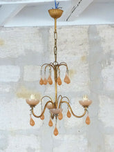 Load image into Gallery viewer, Antique Chandelier Peachy PINK Opaline Drops Cup Beads 1930 MURANO RARE 3 lights
