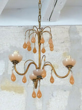 Load image into Gallery viewer, Antique Chandelier Peachy PINK Opaline Drops Cup Beads 1930 MURANO RARE 3 lights
