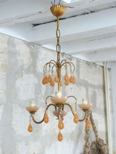 Load image into Gallery viewer, Antique Chandelier Peachy PINK Opaline Drops Cup Beads 1930 MURANO RARE 3 lights
