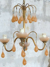 Load image into Gallery viewer, Antique Chandelier Peachy PINK Opaline Drops Cup Beads 1930 MURANO RARE 3 lights
