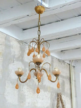 Load image into Gallery viewer, Antique Chandelier Peachy PINK Opaline Drops Cup Beads 1930 MURANO RARE 3 lights
