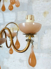 Load image into Gallery viewer, Antique Chandelier Peachy PINK Opaline Drops Cup Beads 1930 MURANO RARE 3 lights
