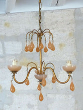 Load image into Gallery viewer, Antique Chandelier Peachy PINK Opaline Drops Cup Beads 1930 MURANO RARE 3 lights
