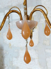 Load image into Gallery viewer, Antique Chandelier Peachy PINK Opaline Drops Cup Beads 1930 MURANO RARE 3 lights
