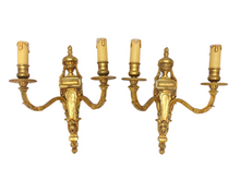 Load image into Gallery viewer, 13&quot; Vintage PAIR French LOUIS XVI Wall Light Sconce 2 Lights Gilded Bronze 1970
